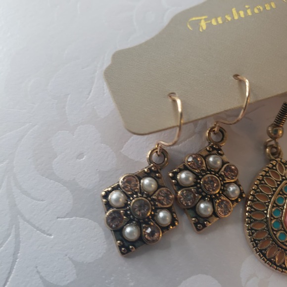 Multi-colored Earrings Set Round Drop-shaped Flower Set Turquoise - Picture 6 of 7